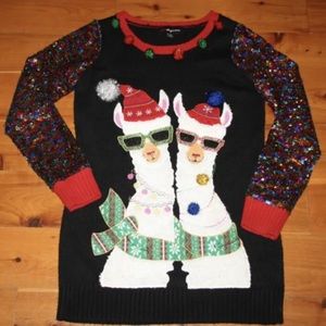 UGLY CHRISTMAS SWEATER Black w/ Sequins LLAMA Pair Size Med Tunic Sweater Dress
